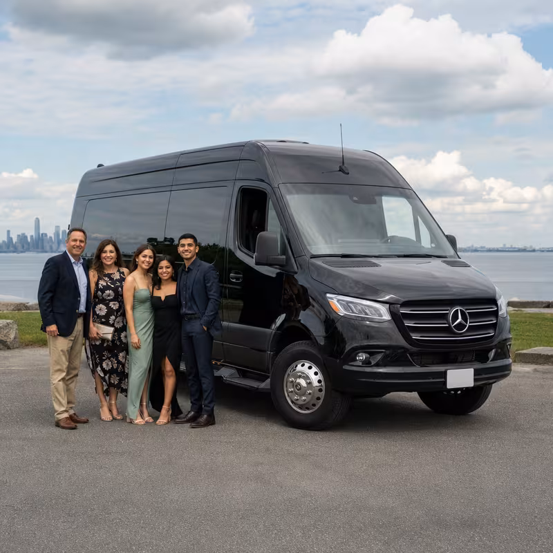 Group beside a Mercedes Sprinter limo from the Staten Island fleet