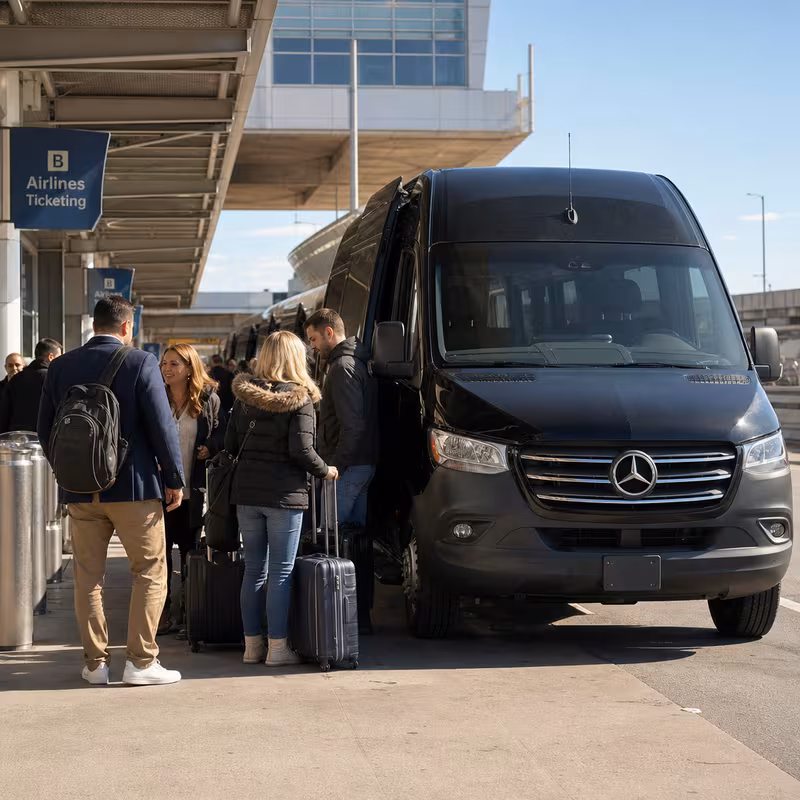 Group boarding a white charter bus for Airport Transportation transportation in Staten Island
