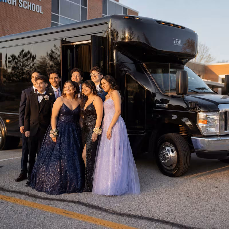 Group boarding a white charter bus for Prom & Homecoming Transportation transportation in Staten Island
