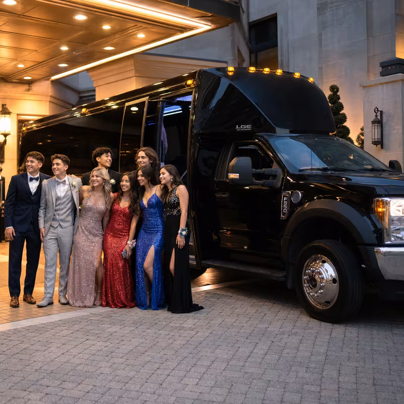 Party bus interior with wraparound leather seating and LED lighting in Staten Island